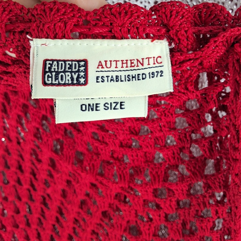 Vintage Y2K Faded Glory Red Crochet Knit Fringe Poncho Shawl Boho Festival OS - Picture 3 of 5